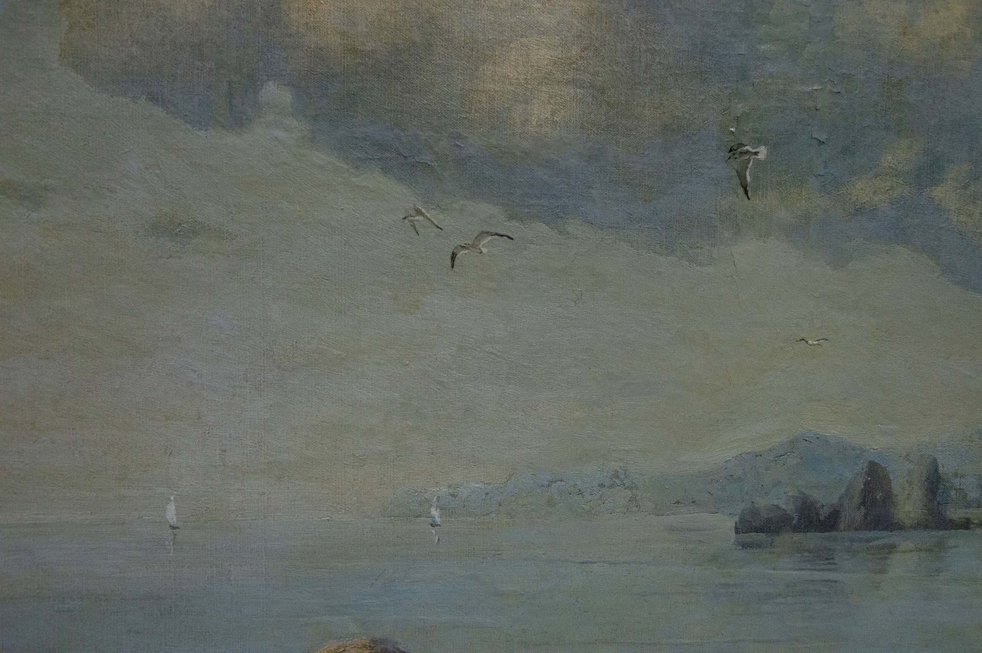 Serene impressionistic oil painting Coast in muted blues and grays