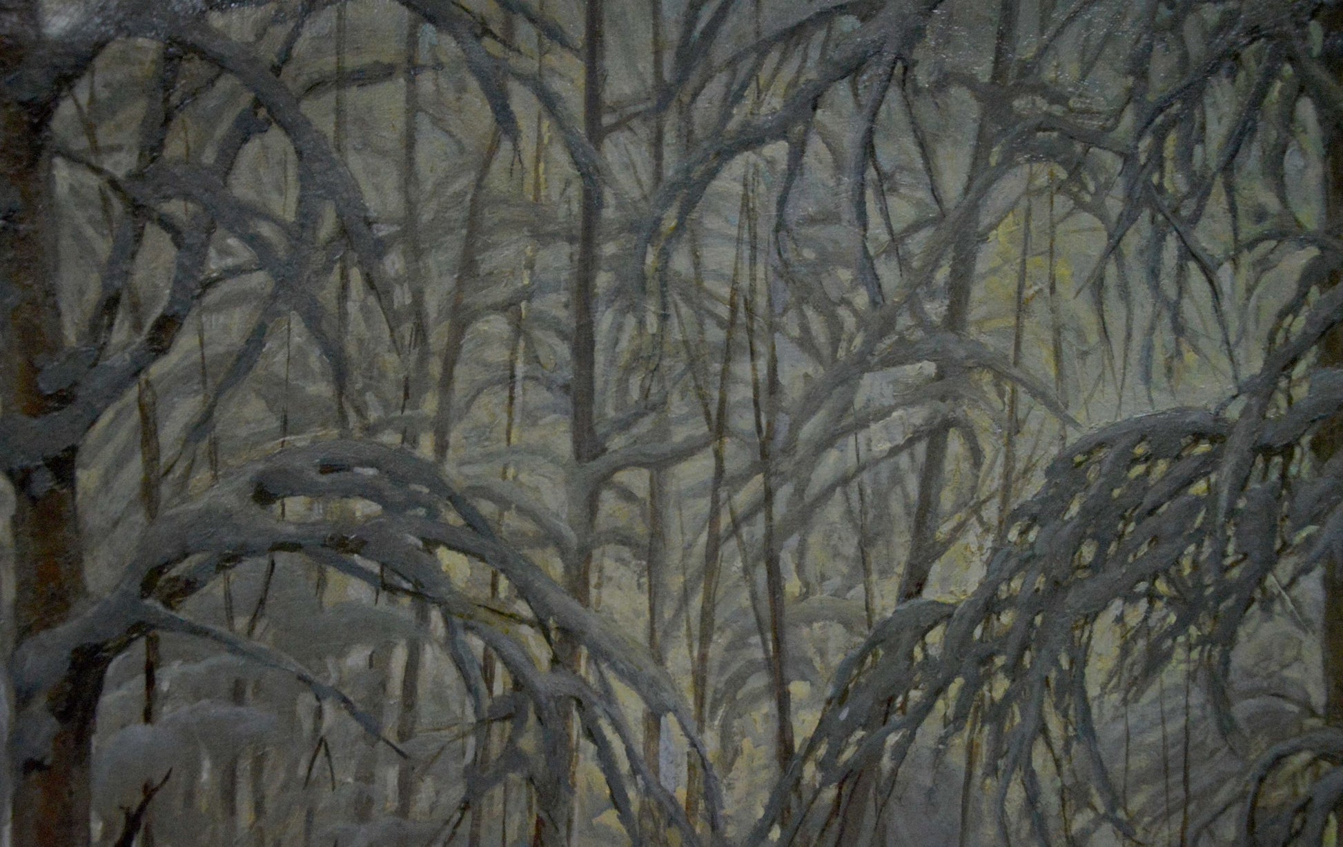Oil painting of snow-laden tree branches in wintry landscape by Kamzolkin Evgeny Ivanovich