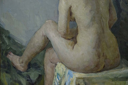 Impressionistic oil painting by Vaysburg Yefim Yefimovich: nude girl back view seated on stone