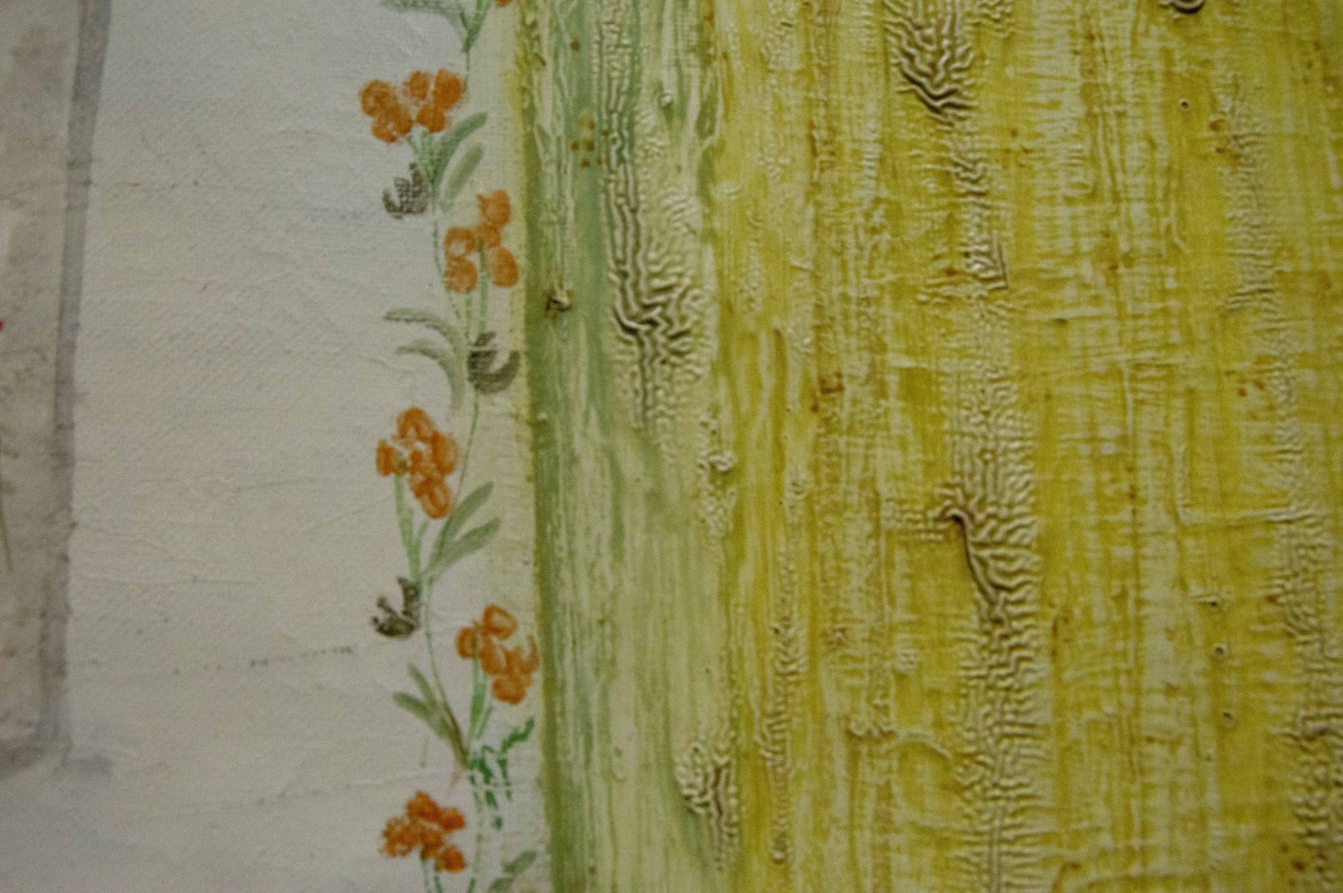 Oil painting Mistresses at the table by Golembievskaya Tatiana Nikolaevna with textured yellow green floral wallpaper border