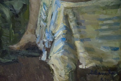 Oil painting portrait of a girl by Vaysburg Yefim Yefimovich in soft blues and creams