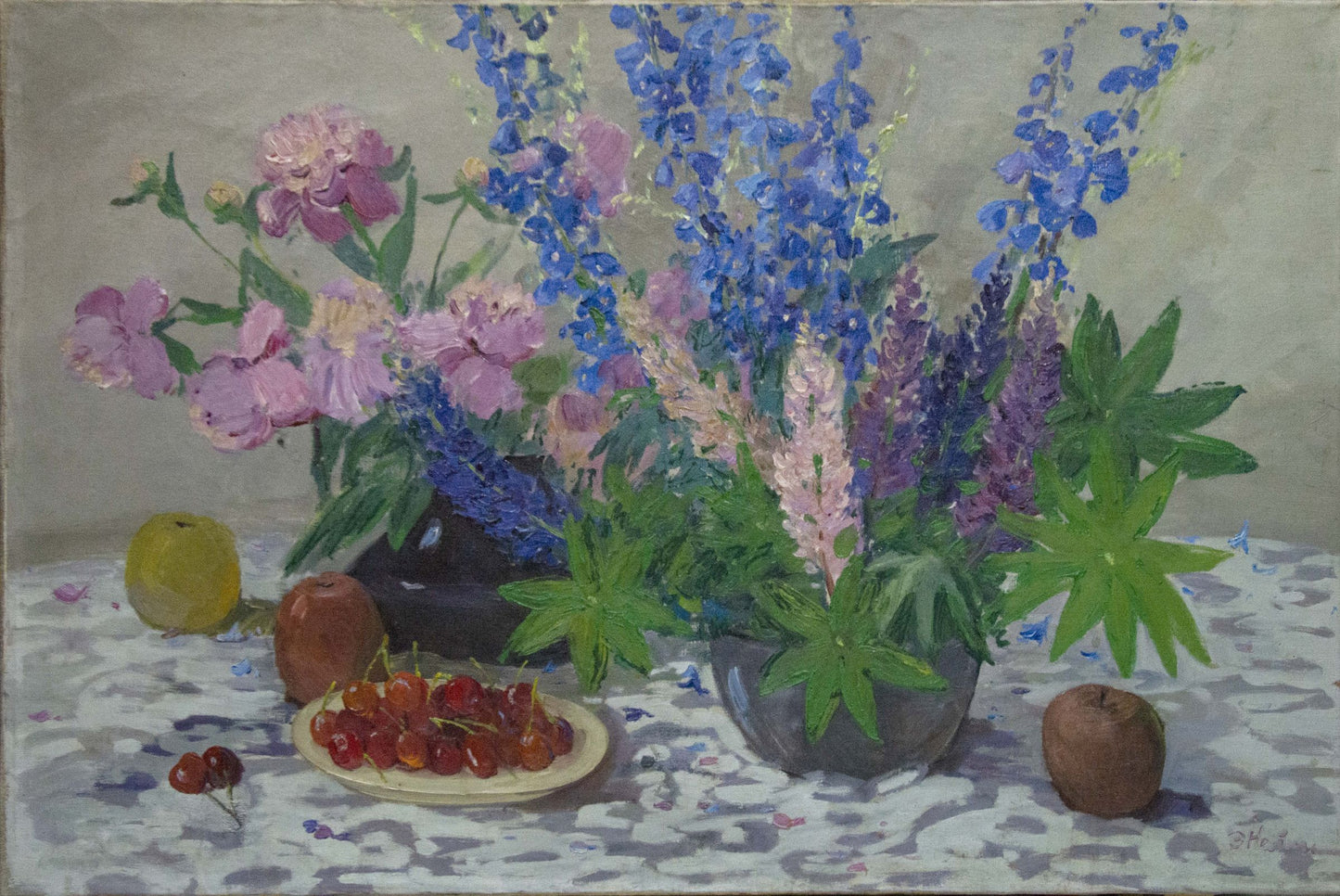 Oil painting of autumn bouquet with blue delphiniums, pink peonies, lupines