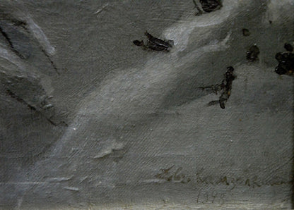 Oil painting Winter landscape by Kamzolkin Evgeny Ivanovich, textured gray canvas back with 1945 signature