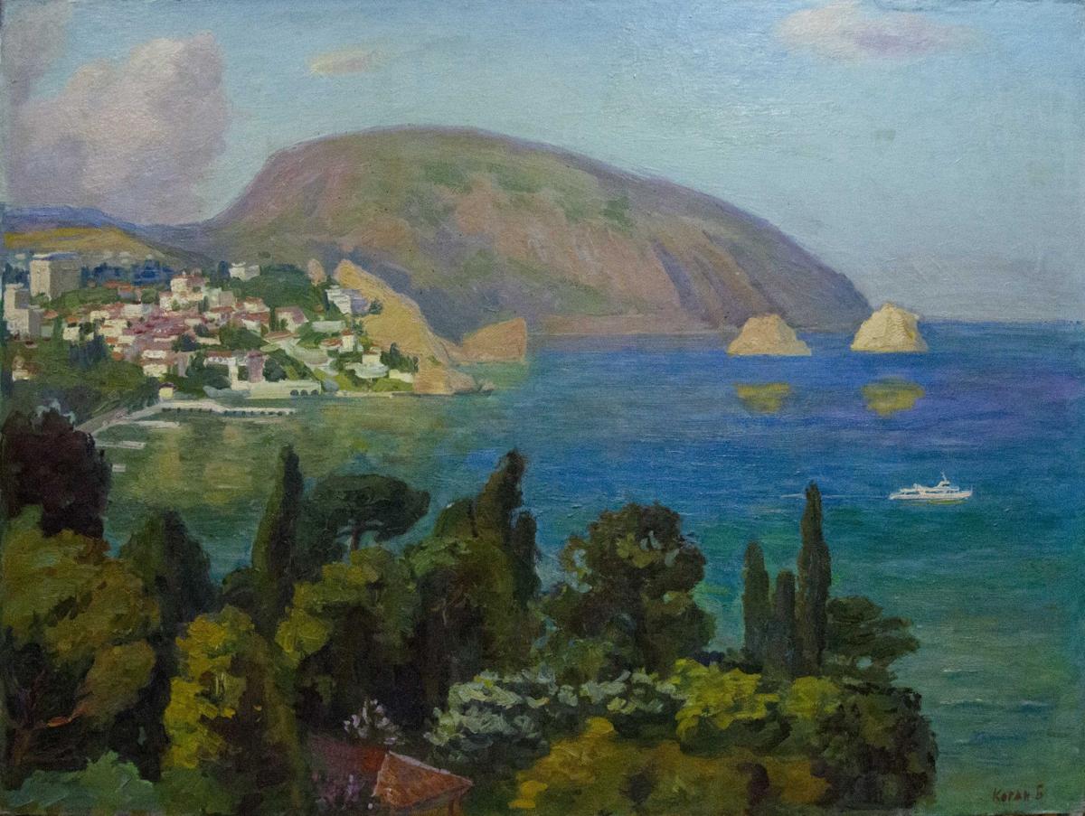 Oil painting by Kogan Boris Matveevich: coastal town on hillside by turquoise sea