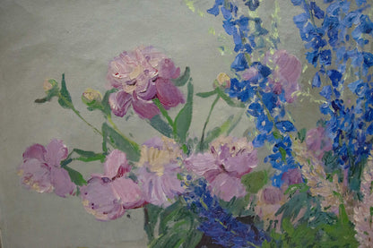 Vibrant impressionistic oil painting of pink peonies, blue delphiniums and autumn bouquet