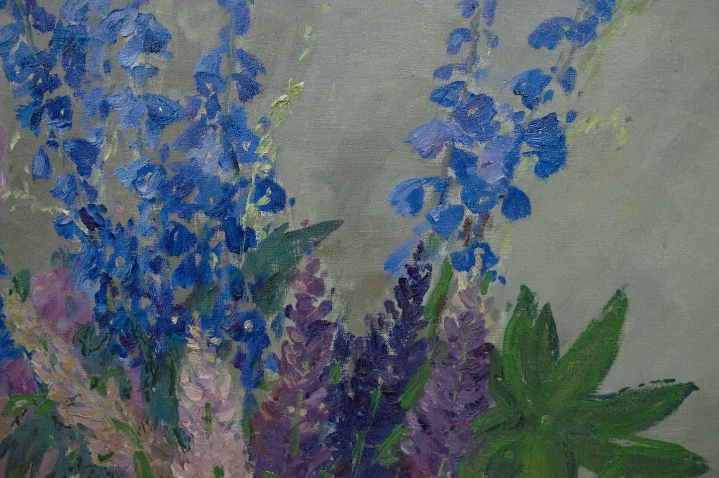 Vibrant blue purple delphinium bouquet autumn oil painting impressionist style