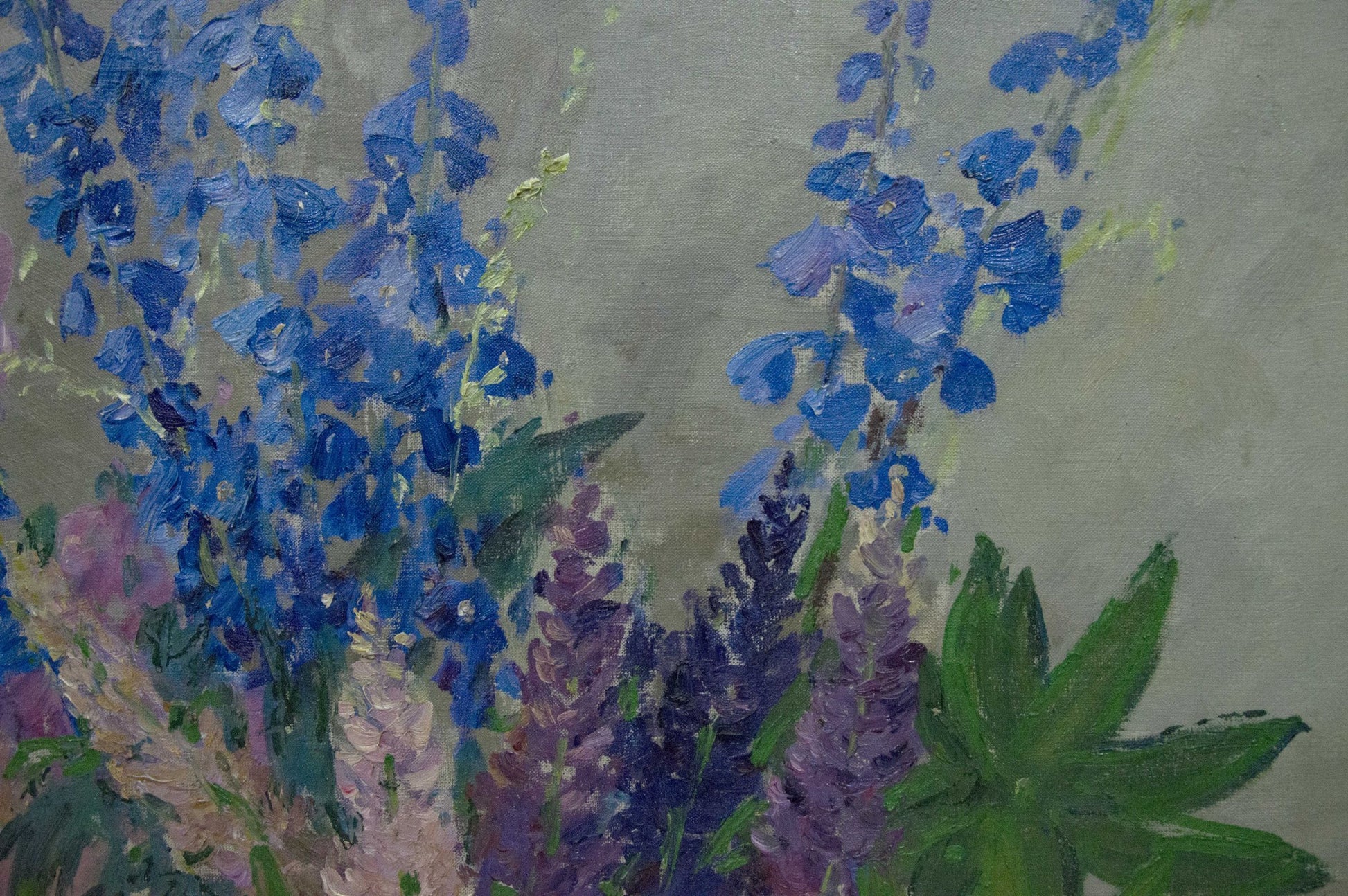Vibrant blue purple delphinium bouquet autumn oil painting impressionist style