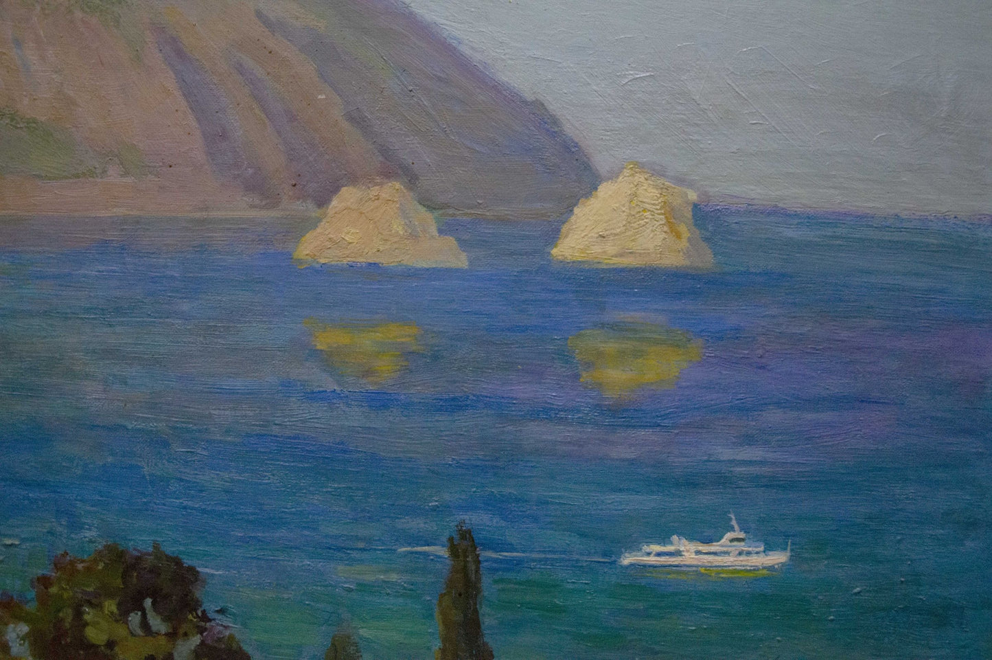 Oil painting by Kogan Boris Matveevich: yacht glides past golden rocks on sea