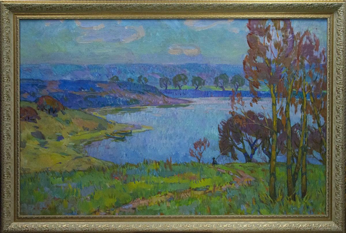 Oil painting by Chegodar Vasily Dmitrievich: serene river landscape in gold frame