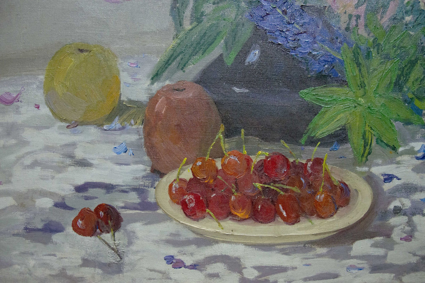 Oil painting of glossy red cherries with yellow stems on textured surface