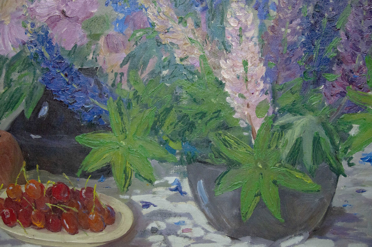 Oil painting of vibrant purple pink lupines bouquet in gray pot