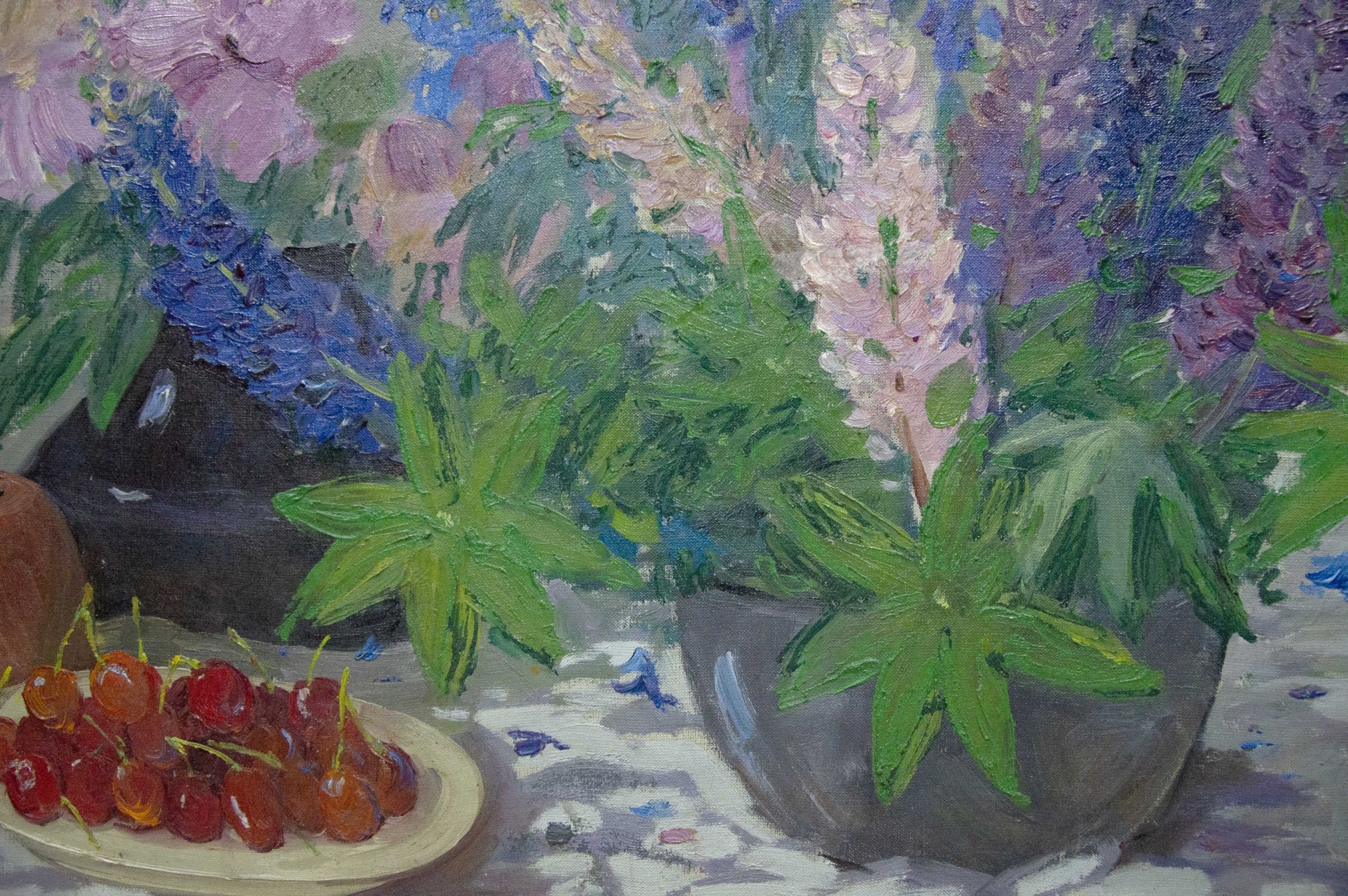 Oil painting of vibrant purple pink lupines bouquet in gray pot