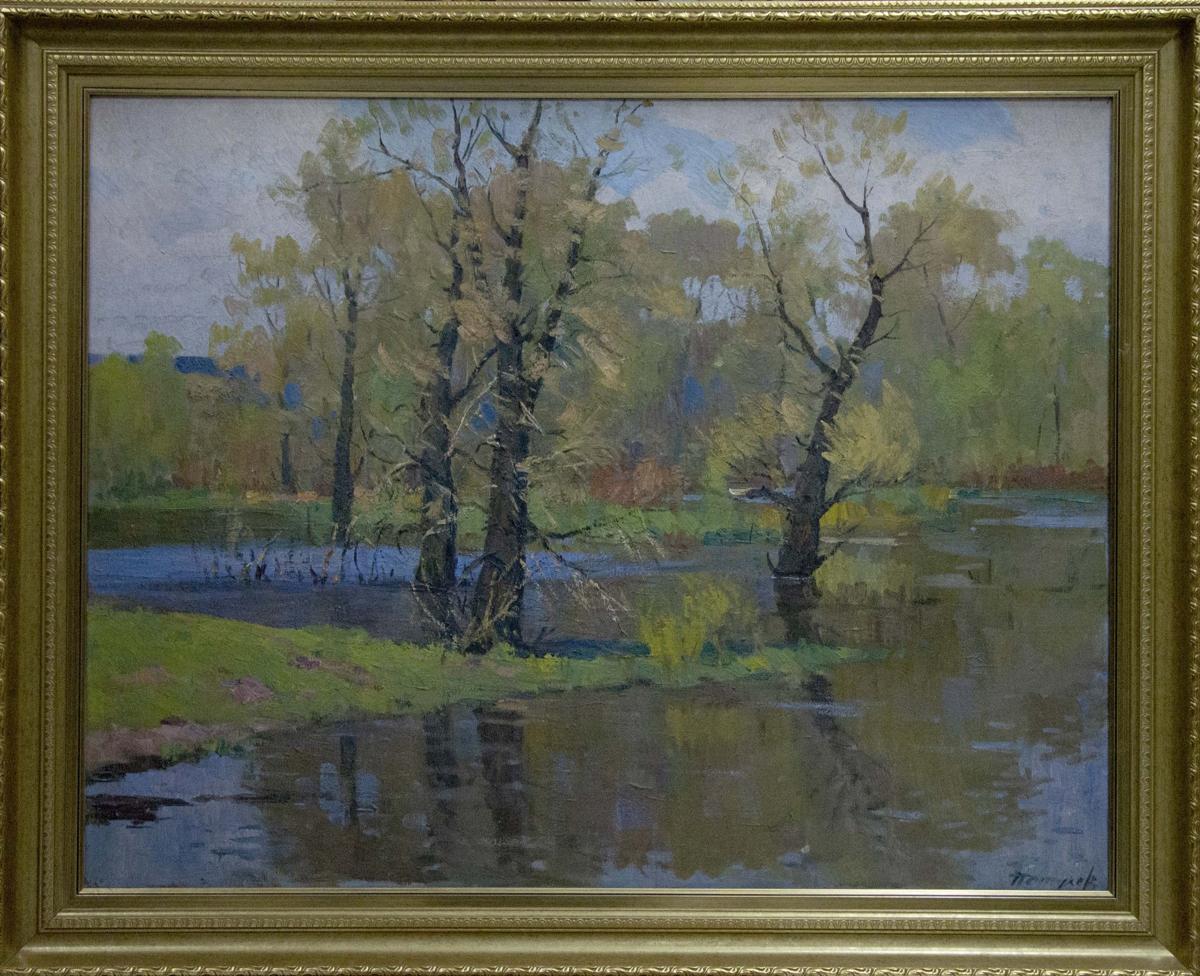 Oil painting Landscape by Mikhail Fedorovich Petrov in ornate gold frame