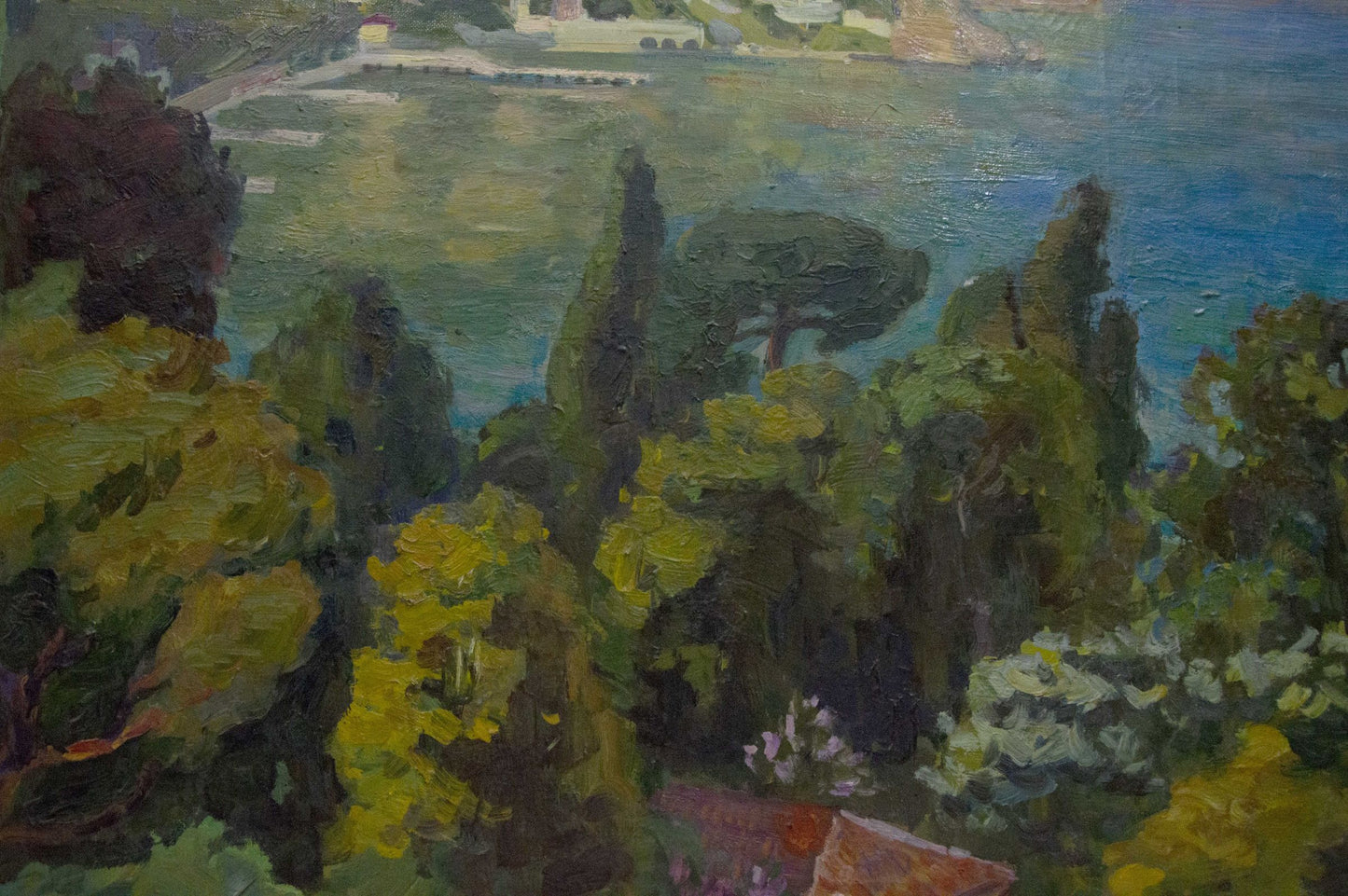 Vibrant oil painting by Kogan Boris Matveevich of city near lush green sea landscape