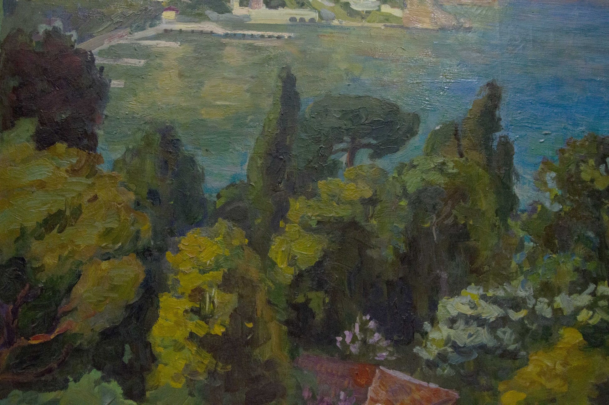 Vibrant oil painting by Kogan Boris Matveevich of city near lush green sea landscape