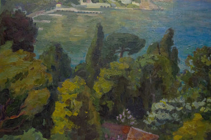 Vibrant oil painting by Kogan Boris Matveevich of city near lush green sea landscape