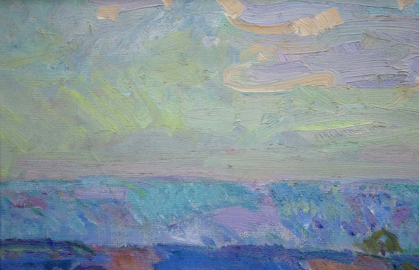 Oil painting landscape by Chegodar Vasily Dmitrievich, teal sky over blue water