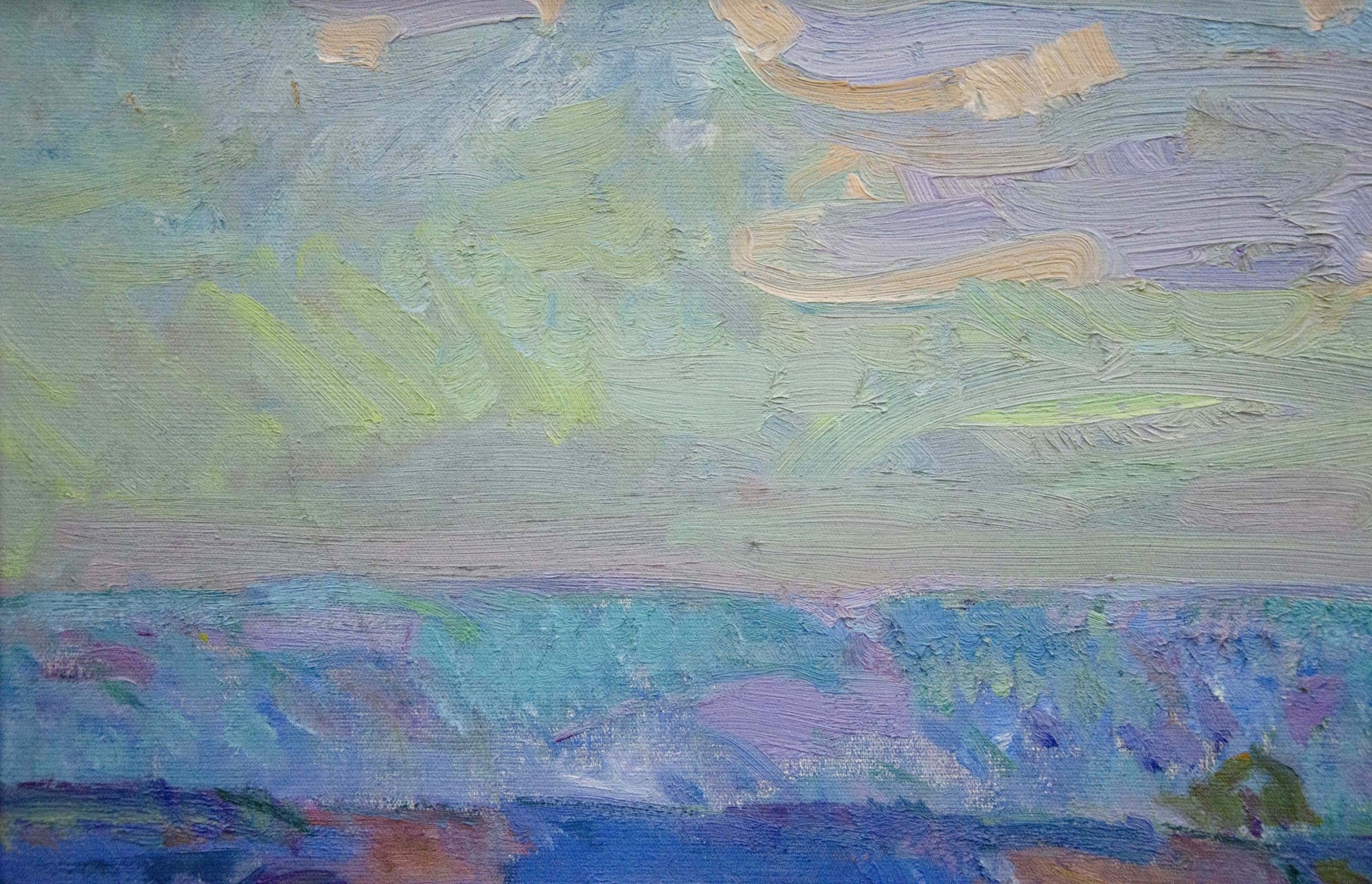 Oil painting landscape by Chegodar Vasily Dmitrievich, teal sky over blue water