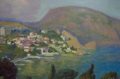 Oil painting of coastal town by sea by Kogan Boris Matveevich