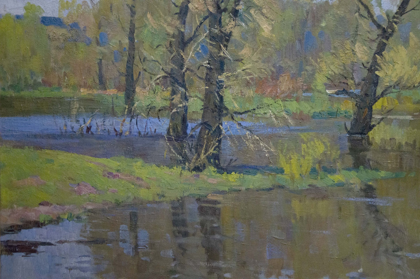 Serene oil painting by Mikhail Fedorovich Petrov of tranquil riverbank