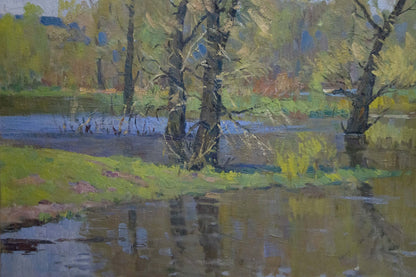 Serene oil painting by Mikhail Fedorovich Petrov of tranquil riverbank