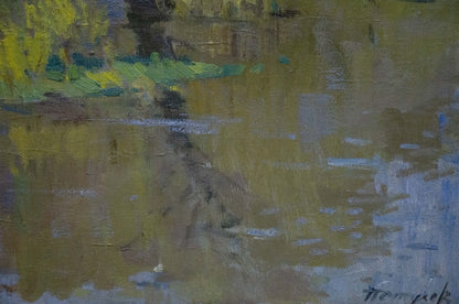 Oil painting landscape by Mikhail Fedorovich Petrov serene water scene