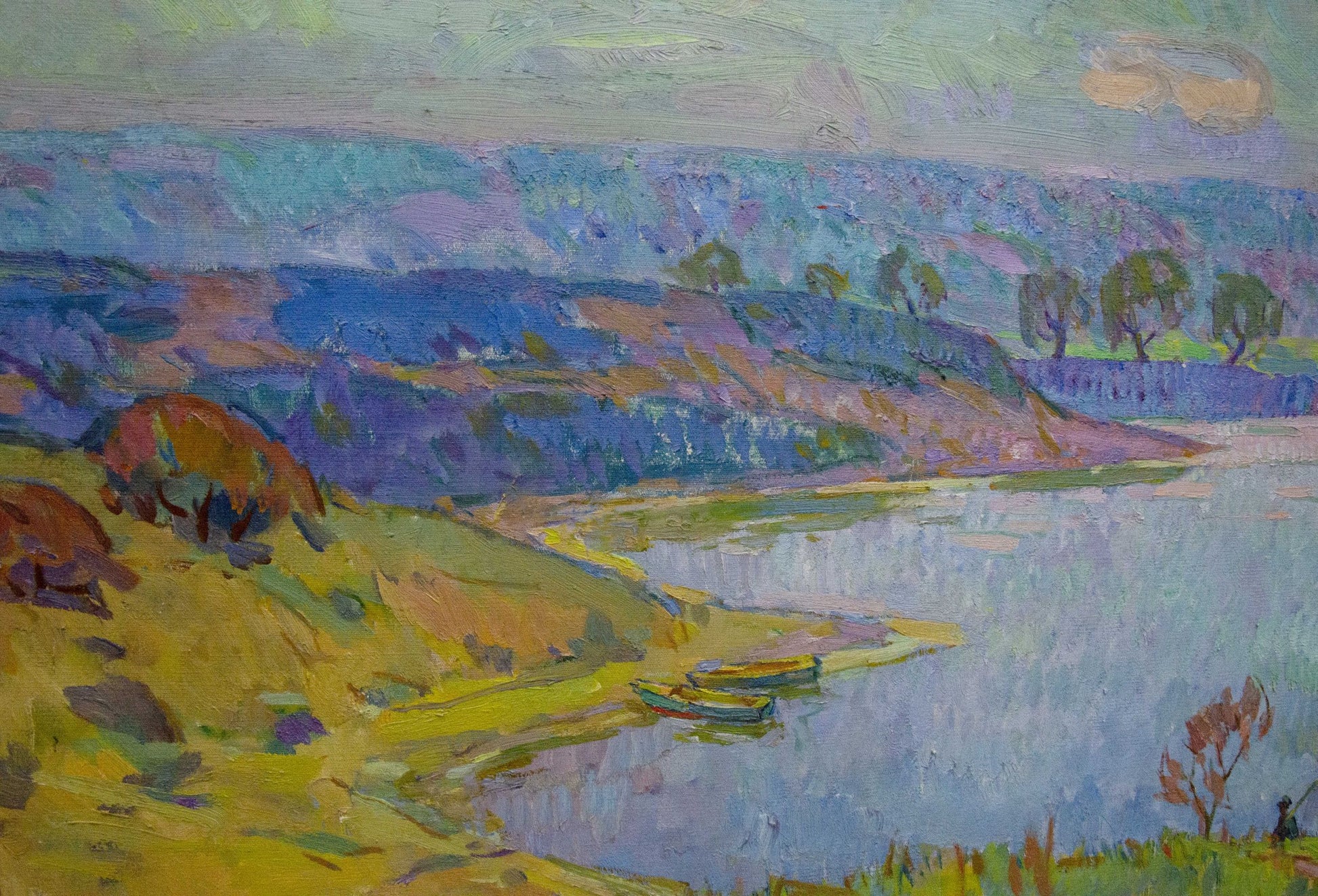 Vibrant impressionist oil painting by Chegodar Vasily Dmitrievich, serene river landscape