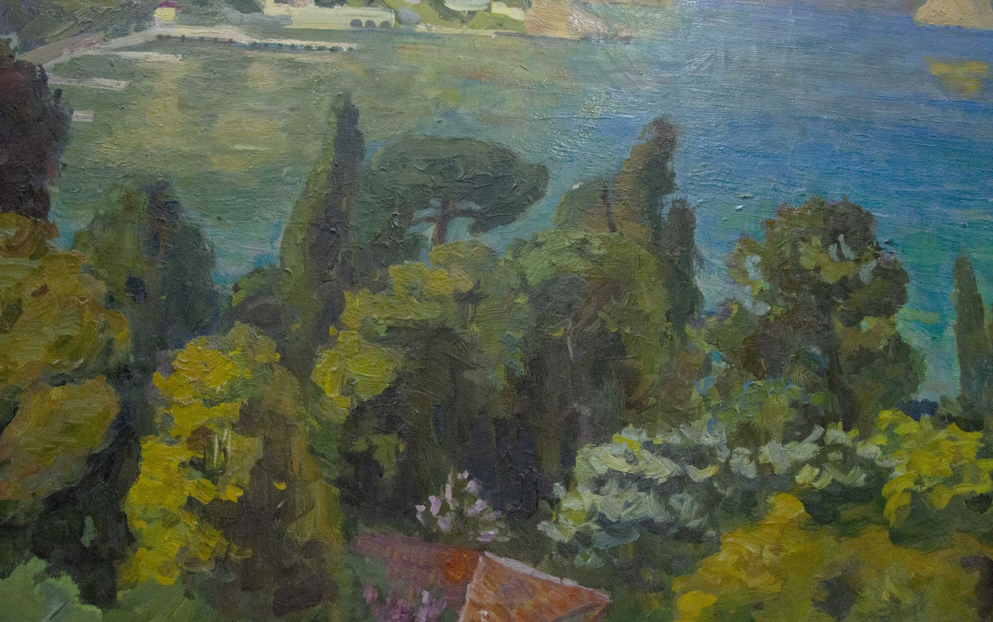 Vibrant oil painting by Kogan Boris Matveevich of city near sea with lush trees