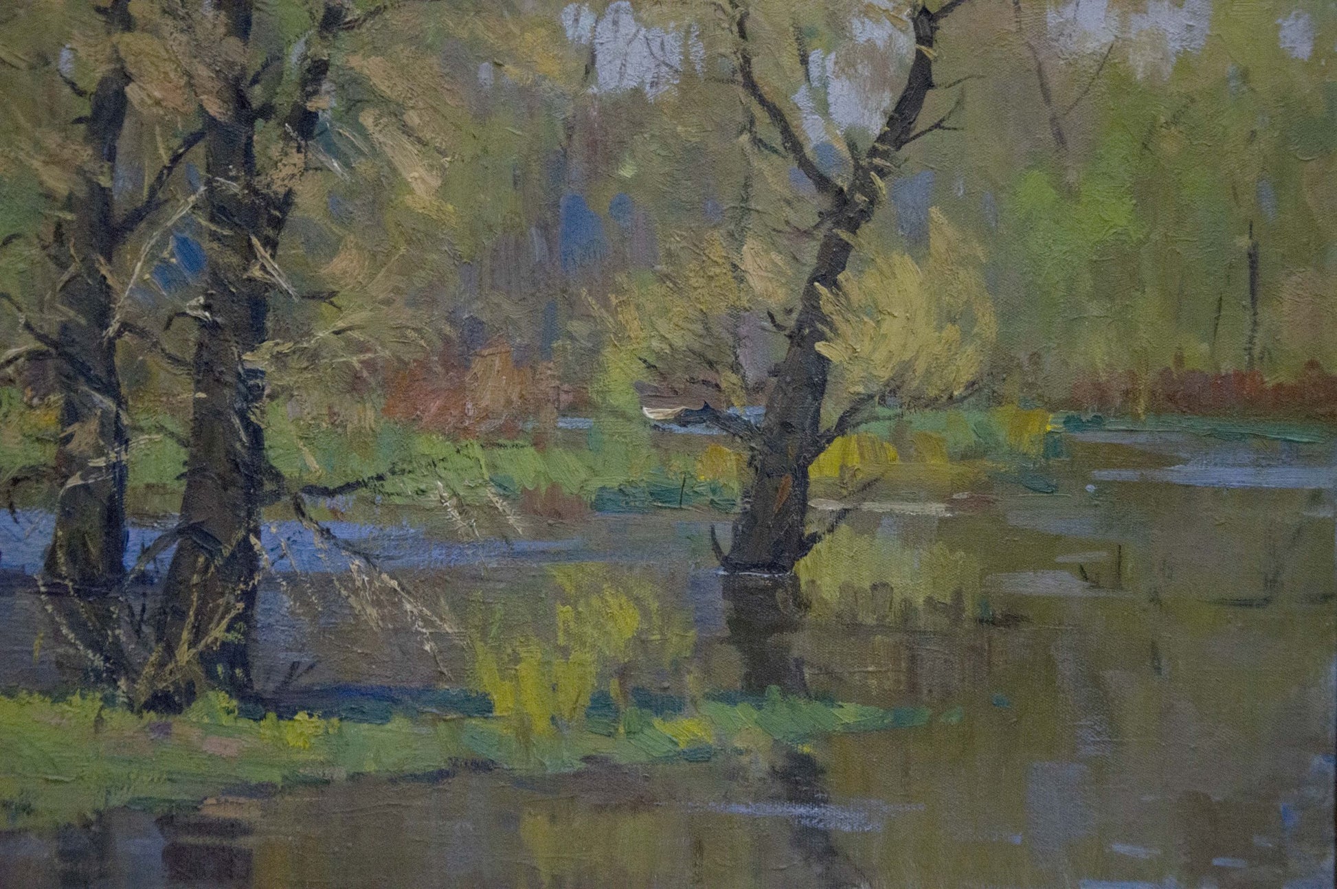 Serene impressionistic oil painting by Mikhail Fedorovich Petrov of trees in water