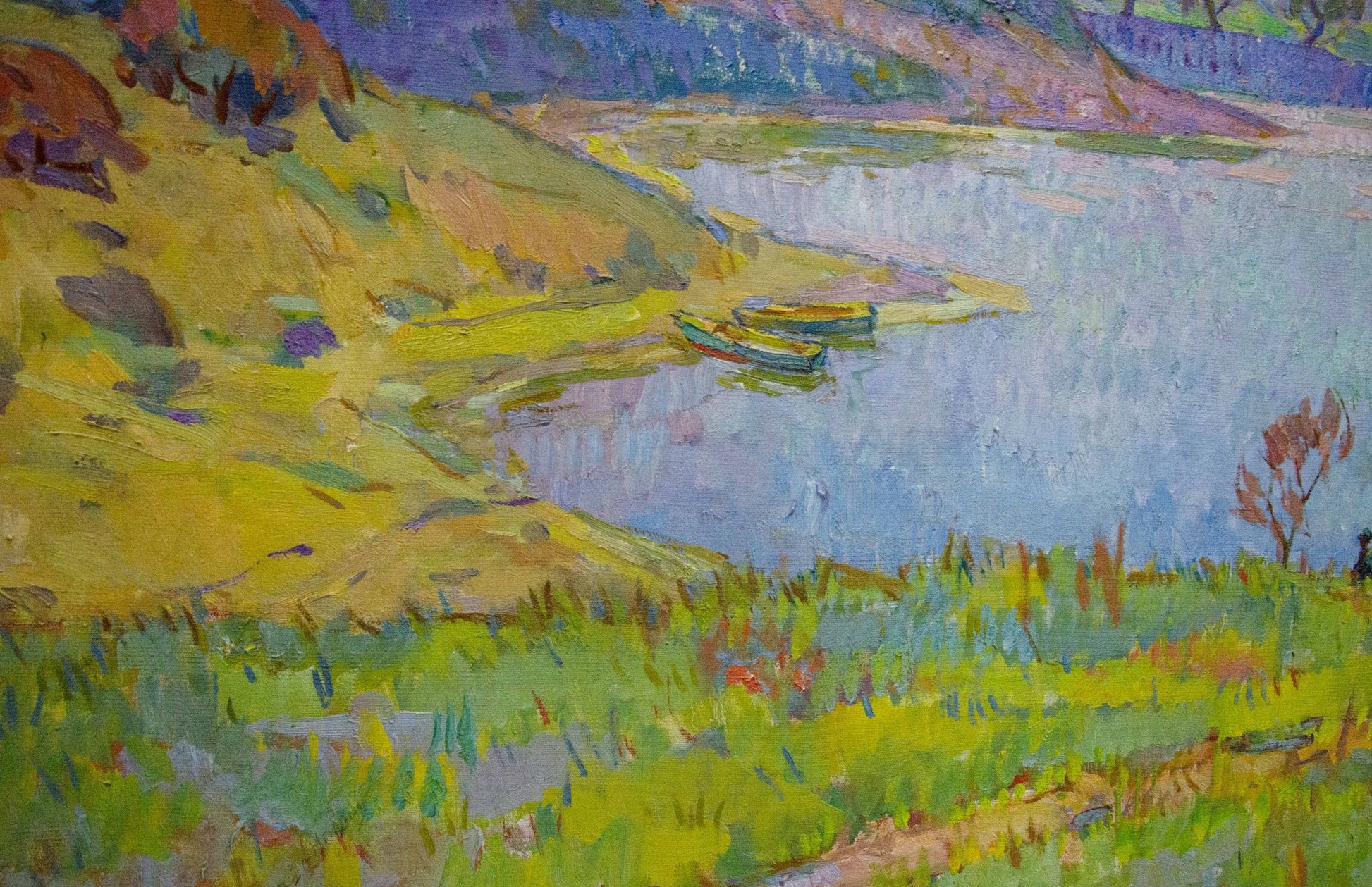 Vibrant impressionist oil painting by Chegodar Vasily Dmitrievich of green boats on lake