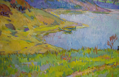 Vibrant impressionist oil painting by Chegodar Vasily Dmitrievich of green boats on lake