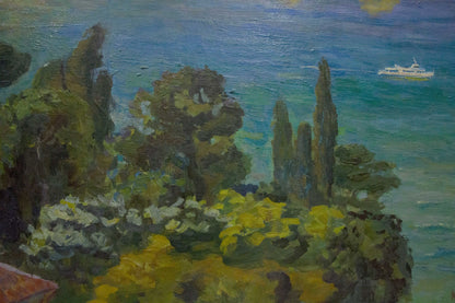 Serene coastal oil painting by Kogan Boris Matveevich with cypress trees