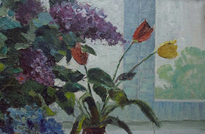 Oil painting by Lutsenko Vladimir Nikolaevich: purple hydrangeas, tulips in pot