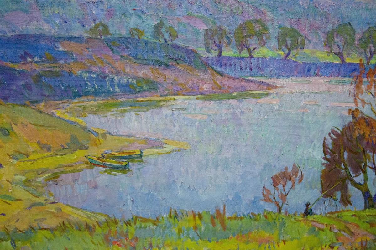 Vibrant impressionist oil painting by Chegodar Vasily Dmitrievich of lake with green boats