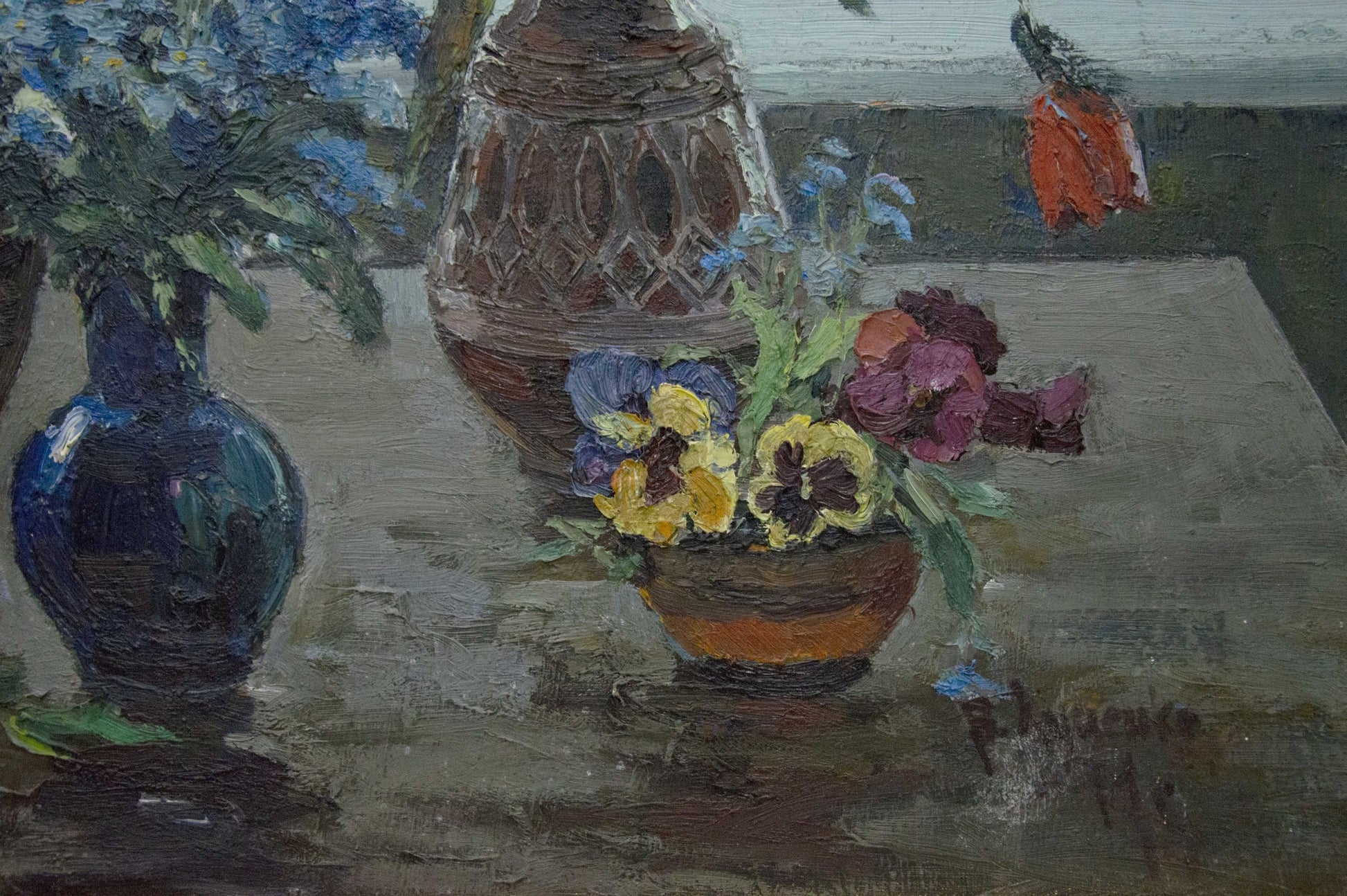Oil painting still life by Lutsenko Vladimir Nikolaevich with rustic terracotta vase and geometric lattice pattern