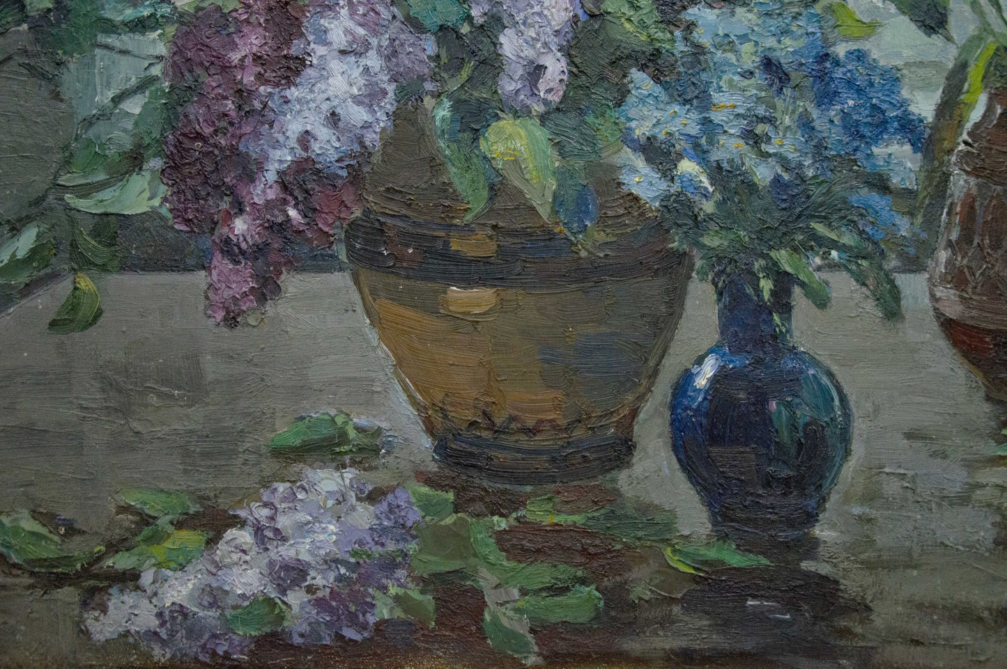 Oil painting by Lutsenko Vladimir Nikolaevich of rustic brown vase with purple blue lilacs