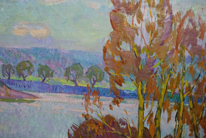 Vibrant impressionist oil painting by Chegodar Vasily Dmitrievich, autumn trees
