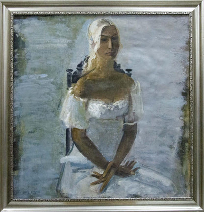 Oil painting portrait of a girl in white dress by Tolkunov Egor Egorovich