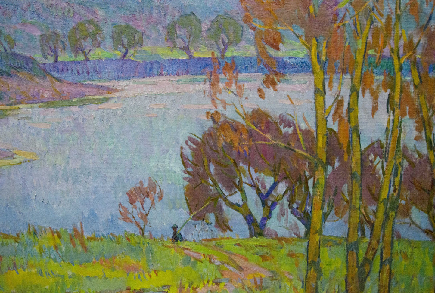 Vibrant impressionist oil painting by Chegodar Vasily Dmitrievich, autumn river landscape