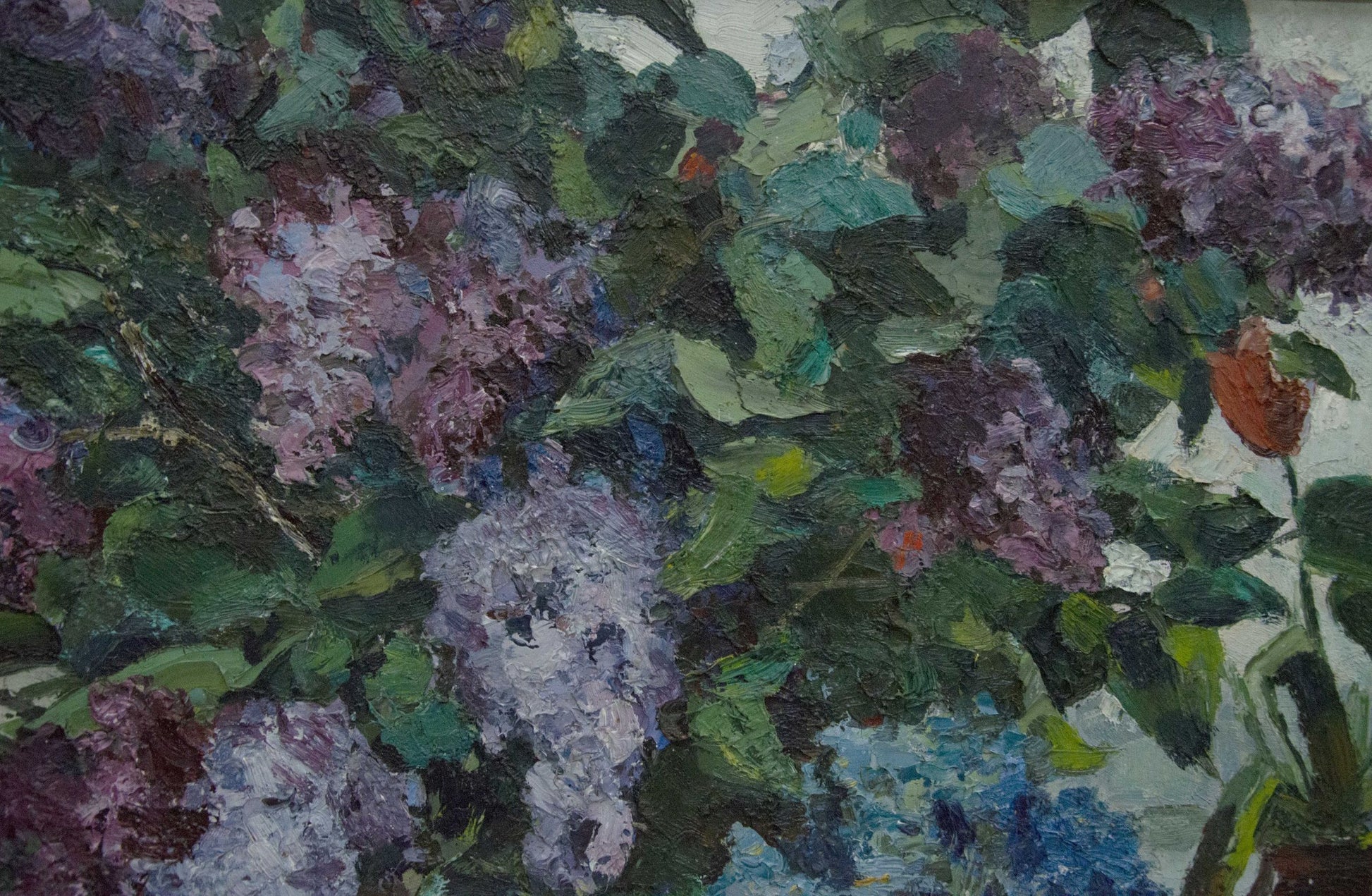 Textured oil painting of purple blue lilac blossoms by Lutsenko Vladimir Nikolaevich