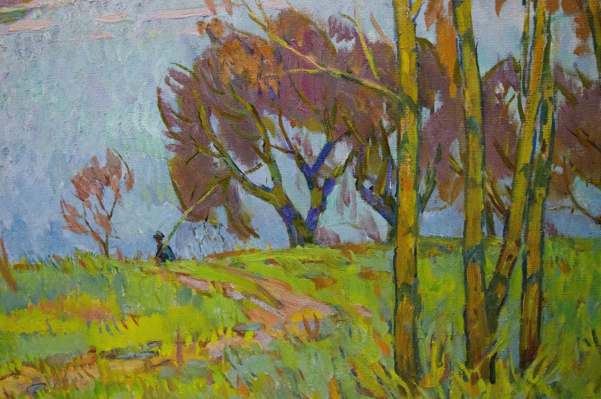 Oil painting by Chegodar Vasily Dmitrievich: purple orange trees blue sky grass