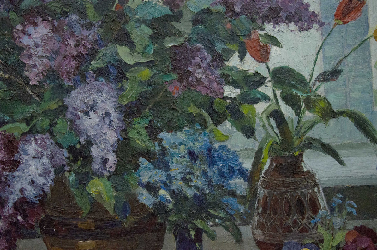 Oil painting by Lutsenko Vladimir Nikolaevich: rustic brown vase with lilacs