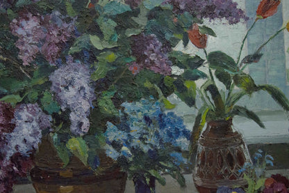 Oil painting by Lutsenko Vladimir Nikolaevich: rustic brown vase with lilacs