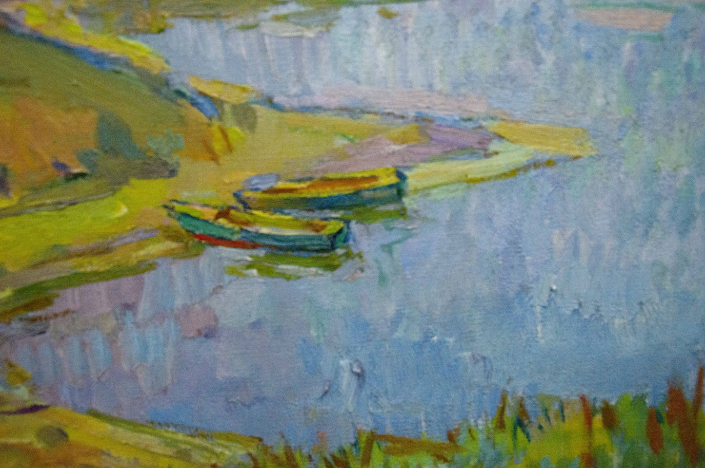 Oil painting by Chegodar Vasily Dmitrievich of two colorful rowboats on calm blue water