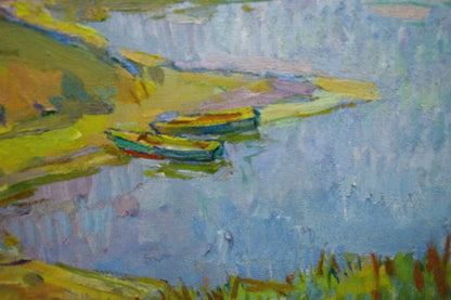 Oil painting by Chegodar Vasily Dmitrievich of two colorful rowboats on calm blue water