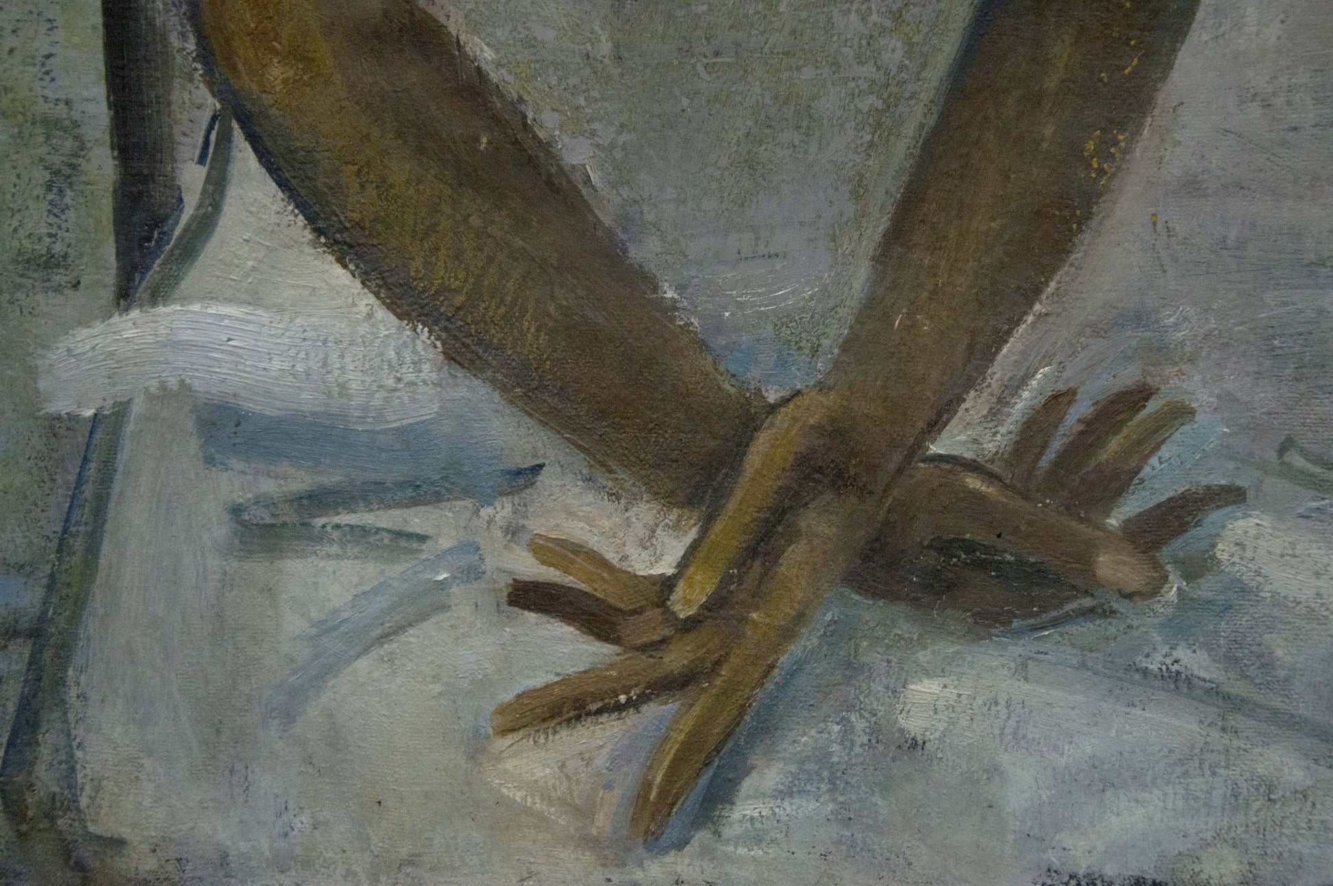 Textured earth-toned oil painting of clasped hands by Tolkunov Egor Egorovich