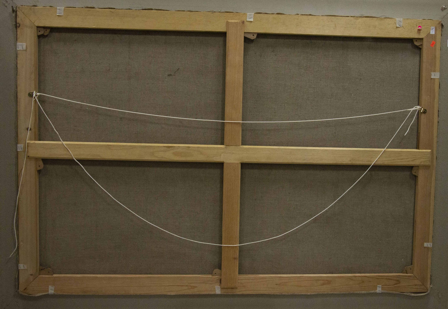 Back of light wooden canvas frame for Oil painting Landscape Chegodar Vasily Dmitrievich with cross-bracing and white string tensioning