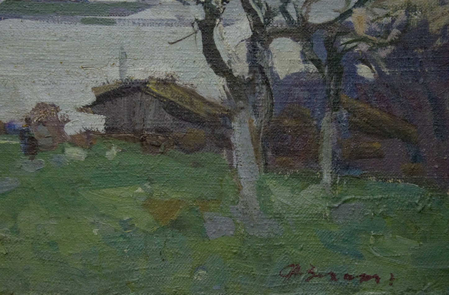 Rustic Zakharov Fedor Zakharovich oil painting of cabin among bare apple trees