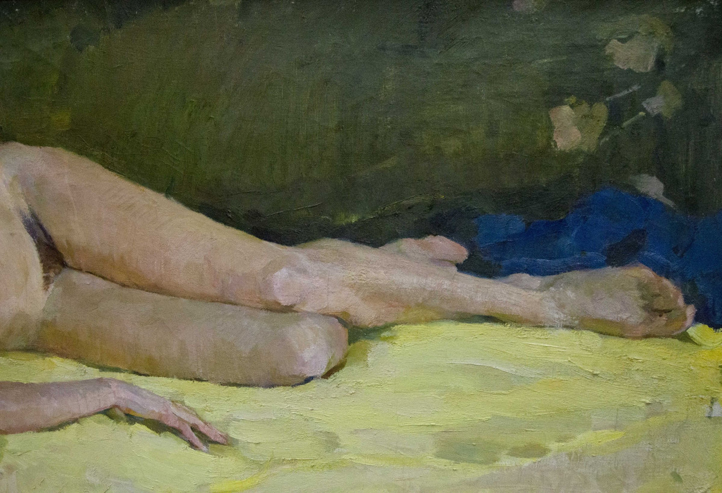 Oil painting of female figures legs and feet on yellow surface by Singaevsky
