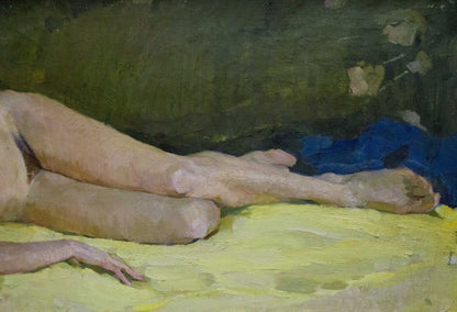 Oil painting of female figures legs and feet on yellow surface by Singaevsky